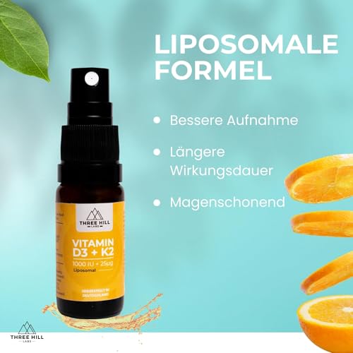 Premium Vitamin D3+K2 Spray - 1000 I.E. - liposomal für maximale Nährstoffaufnahme - vegan und hochdosiert - alkoholfrei - Three Hill Labs