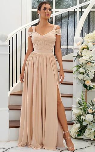 SOLODISH Off The Shoulder Bridesmaid Dresses Long for Women Chiffon Formal Evening Party Gown with Slit3