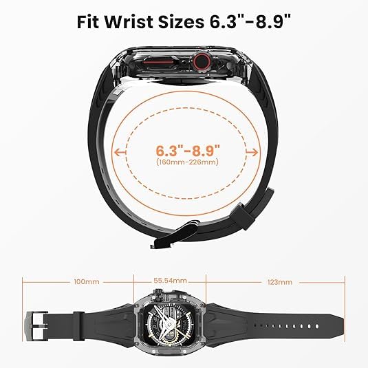 Image of AUGEN Luxury Transparent Apple Watch Modification Kit Compatible with Series 9 /8 /7 (45mm) & SE2 /6 /SE /5 /4 (44mm) | Premium Fluororubber Strap Band with Transparent Protective Case for Men & Women (Upgrade Mod Kit) (Yellow)