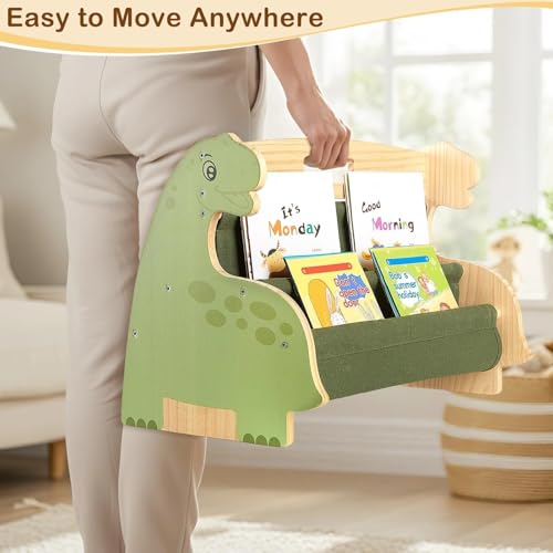 Image of Toddler Bookshelf Double-Sided with 4 Tier Deep Sleeves Kids Wooden Montessori Book Rack for Baby Nursery Room, Playroom, Classroom or Bedroom Bookcase Storage Organizer, Green Dinosaur
