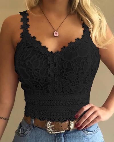 Women Lace Pattern V Neck Slim Fit Vest Cami Top Spaghetti Strap Sleeveless Lightweight Tank Basic Casual Daily Wear