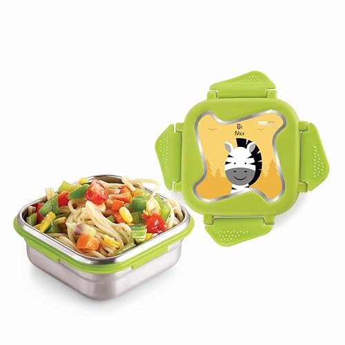 Image of STEELLOCK Smart Kids Stainless Steel Lunch Box, Leakproof & Airtight Tiffin Box for School Boys & Girls, BPA Free Food Grade with 4-Side Clip Lock | 360 ML | Green, 3D /UV Print Zebra