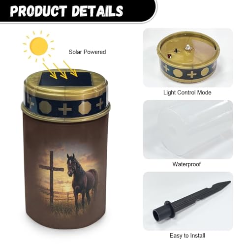 Image of Horse Cross Cross Solar Grave Lights for Cemetery Flameless Solar Powered Light for Prayer Waterproof Cemetery Solar Lights for Grave Cemetery Decor Candle Lamp