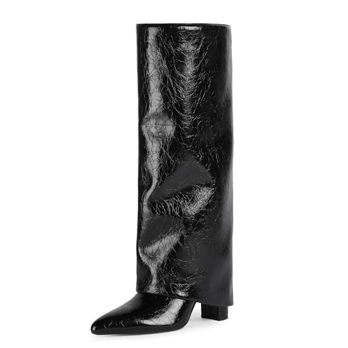 Image of Modatope Black Womens Boots Chunky Heel Fold Over Knee High Boots Pointed Toe Dress Fashion Tall Long Shark Boots Size 9