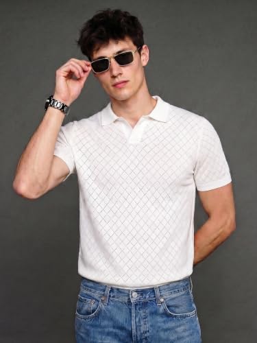 Image of Veirdo Men's Flatknit Printed Half Sleeve Polo T-Shirt with Collared Neck, Loose Comfortable Fit, Casual Style for Office, Travel, (Sizes S to 2XL)