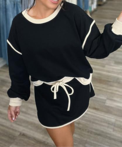 ELFTOWN Women's Casual Fall Sweatshirts Short Skorts Set 2 Piece Outfit Tracksuits Skirt Top Matching Set3