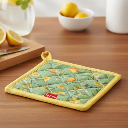 Image of HAZEL Cotton Kitchen Pot Holder | Heat Resistant Quilted Fabric Mat for Hot Pots & Pans | Durable, Washable, and Easy to Hang (Yellow & Green)