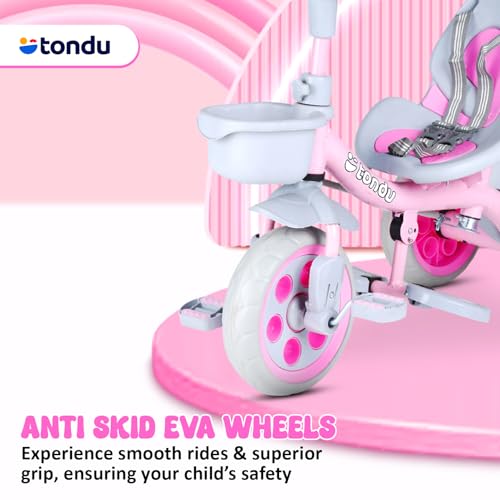Image of TONDU Kiddo Tricycle for Kids /Baby with Storage Basket | Seat Belt with Parental Control Baby Tricycle (Pink)