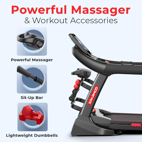 Image of Sparnod Fitness STH-5730 High-Performance Treadmill, 7HP Peak DC Motor, Auto Incline 15.6 inch Touch Screen, Bluetooth Speaker, Hydraulic Foldable Running Machine for Gym, 150Kg Capacity, Shock Absorption