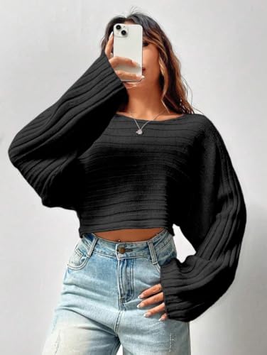 Image of SKAYS Womens Off The Shoulder Cropped Sweater Fall Ribbed Knit Batwing Sleeve Boat Neck Pullover Sweaters for Women Lightweight Drop Shoulder Tops Black M