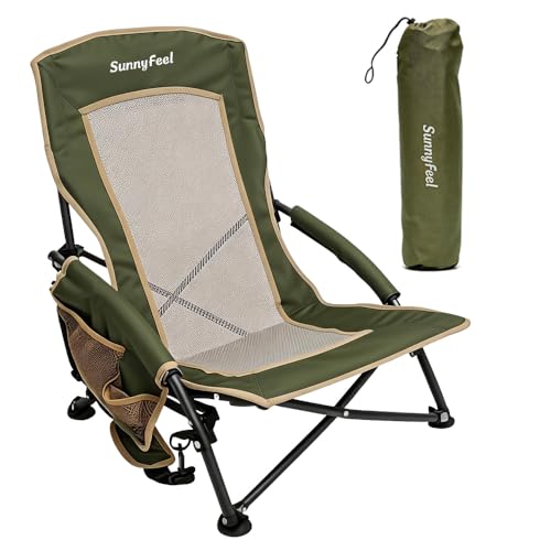 SUNNYFEEL Low Folding Beach Chair for Adults, Portable Lightweight Sling Beach Camping Chairs with Cup Holder, Armrest,Foldable Camp Lawn Chair for Outdoor Sand Concert Travel Sport Events,300LBS