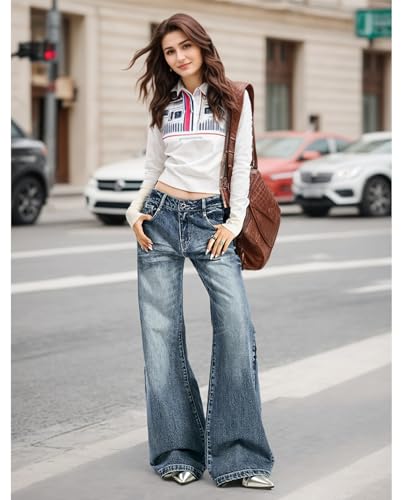 Women's Low Rise Wide Leg Flare Jeans Baggy Vintage 90s Bell Bottom Jeans Casual Loose Fit Boyfriend Denim Pants2