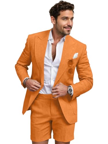 2 Piece Men's Linen Suits Set Slim Fit Casual Summer Shorts Suit for Men Grooms Beach Wedding Tuxedo Blazer & Shorts Suits Orange M