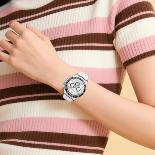 Image of OLEVS Women Dress Watches Two Tone Diamond Quartz Wristwatch, Silicone Waterproof Luminous Day Date Ladies Chronograph Gift Watch
