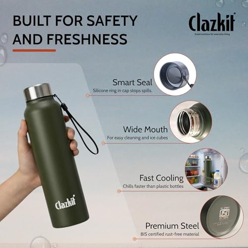 Image of Clazkit Alpha Pro Classic Stainless Steel Water Bottle Single Wall 1000ml| Lightweight, Leak-Proof, Reusable | Ideal for School Kid, Office, Gym & Travel | Green