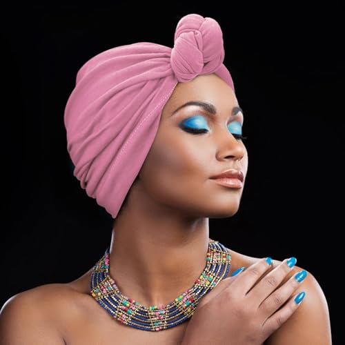 Image of DRESHOW 5 Pack Knotted Headwraps for Women African Turban Pre-Knotted Beanie Headwraps Hair Covers