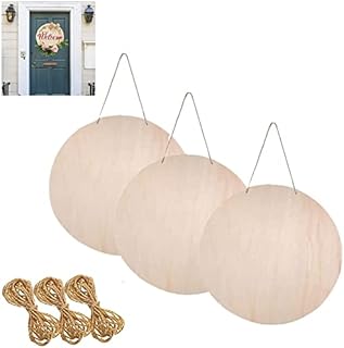 3PCS Unfinished Hanging Wood Sign Blank, 30cm Unfinished Circle Plaque Home Decor DIY 2 Holes Round Blank Wood Hanging Sign Banners Personalised Signs and Plaques with Twine,Ribbons,Artificial Leaves