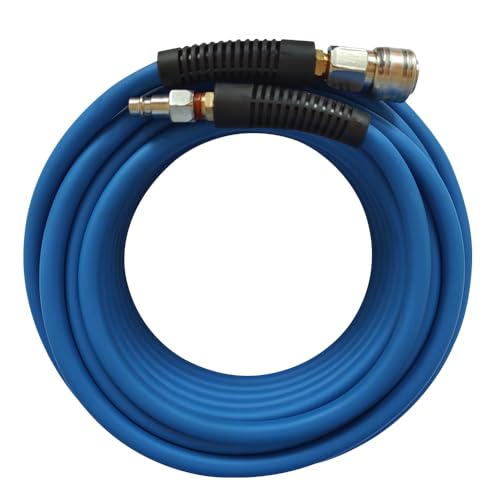 PVC/Gummi Hybrid Luftschlauch blau mit 1/4' Deutschland Stahl Schnellkupplung und Stecker Fittings, 15m Länge