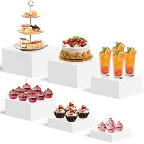 PARGAGAM 6PCS Buffet Risers, Food Risers for Buffet Table, buffet risers and stands, Acrylic white boxes for food display, White Acrylic Cube Boxes big size(10'-9'-8'-7.5'-6.7'-6')