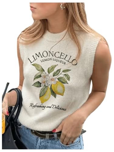 WDIRARA Women's Floral Letter Graphic Sweater Vest Crew Neck Sleeveless Pullovers Tank Tops