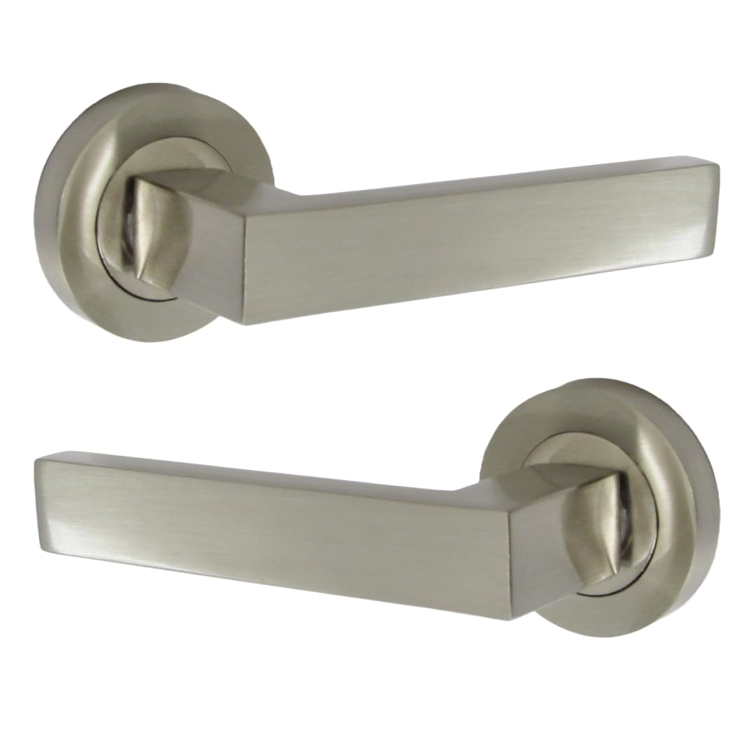 Epsom Door Handle – Modern Satin Nickel Lever on Rose (122mm Handle, 52mm Rose) | 1 Pack Stylish Square Contemporary Internal Door Handles