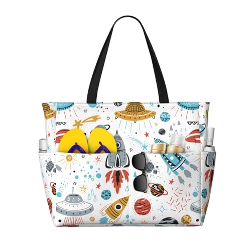 Large Capacity Beach Bag Waterproof Pool Tote for Gym Swimming Camping Carry On Bag Cartoon Rockets Print
