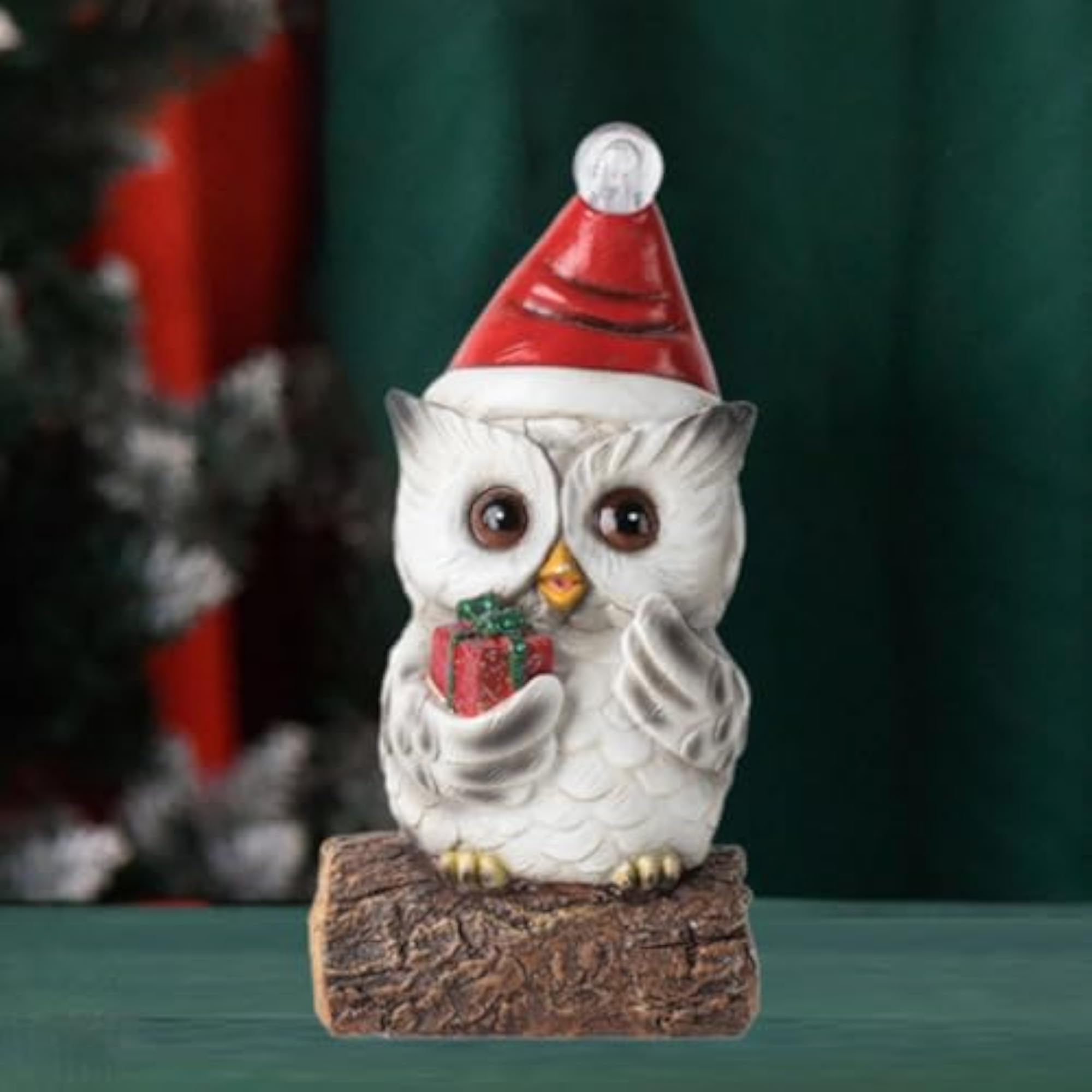 Christmas Owl Sculpture with Light Decor Figurine