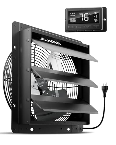 Image of HG Power 12 Inch Attic Fan with Thermostat, 971 CFM Shutter Exhaust Fan with Smart Temperature Humidity Controller, Wall Mounted Greenhouse Fan with EC Motor for Garage, Shed Ventilation, Black