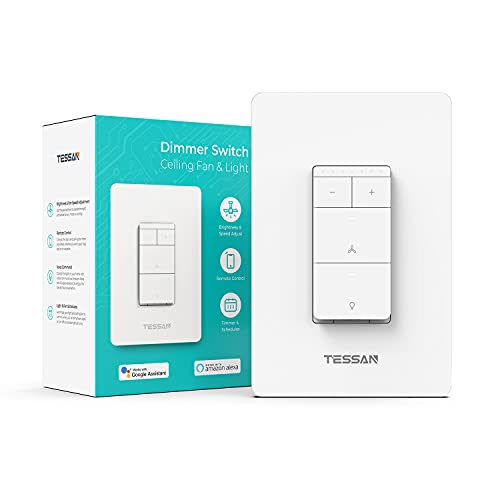 Smart Ceiling Fan Control and Light Dimmer Switch Combo, TESSAN WiFi Wall Switch for 4 Speed Fan Control, Dimmable Light, Work with Alexa, Google Assistant, Neutral Wire Required
