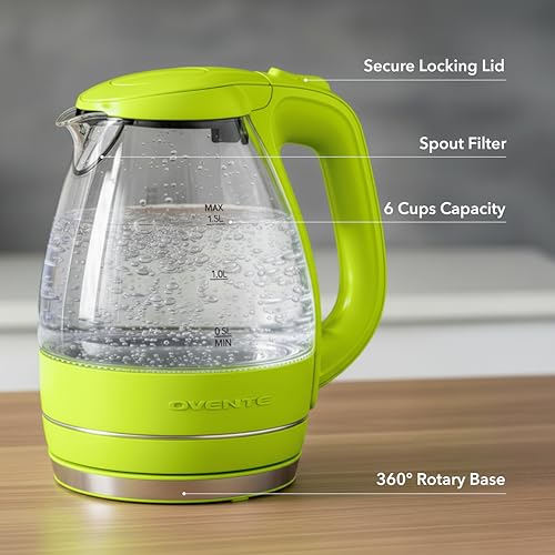 Image of OVENTE Electric Kettle, 1.5L Borosilicate Glass Countertop Water Heater and Boiler for Coffee or Tea, BPA-Free, Auto Shut-Off, Boil-Dry Protection, Removable and Washable Spout Filter, Green KG83G
