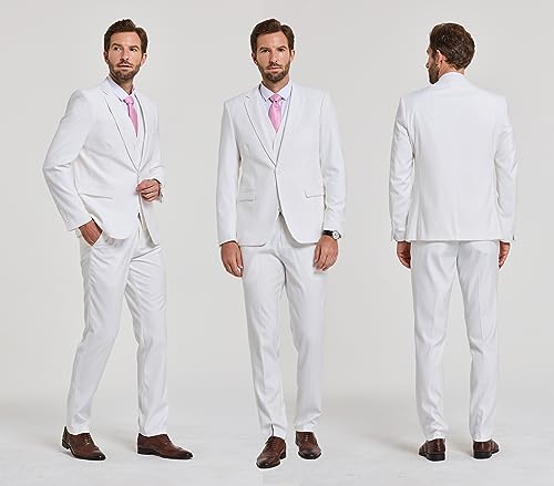 MYS Men's 3 Piece Slim Fit Suit Set, One Button Solid Jacket Vest Pants with Tie Natural White3