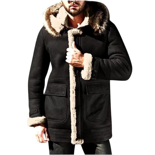 Winter Coats for Men Long Faux Fur Coat Fleece Lined Zip up Hoodie Fur Hood Coat Warm Overcoat Thicken Fleece Hoodie