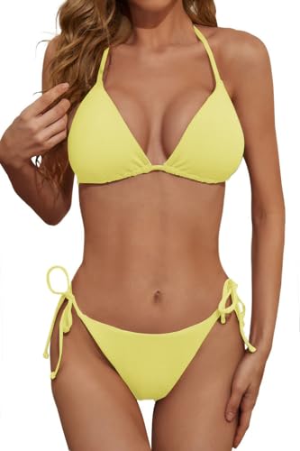 Image of Zuvebamyo Women's Two Piece Bikini Swimsuit Sexy Ribbed Triangle Top Bathing Suits String Cheeky Bikini Sets