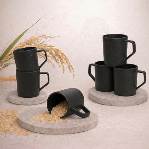 Image of Coffee Mug Set Made with Rice Husk & Bio Composite Material | TurtleBrew Coffee Mug Travel | Microwave & Dishwasher Safe | Midnight Black | 200 ml | Pack of 6