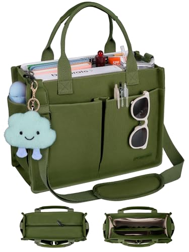 BESBESME Bolsa de lona feminina com zíper e compartimentos – Bolsa tiracolo grande para laptop para trabalho e faculdade, Verde militar, Large, Tendência