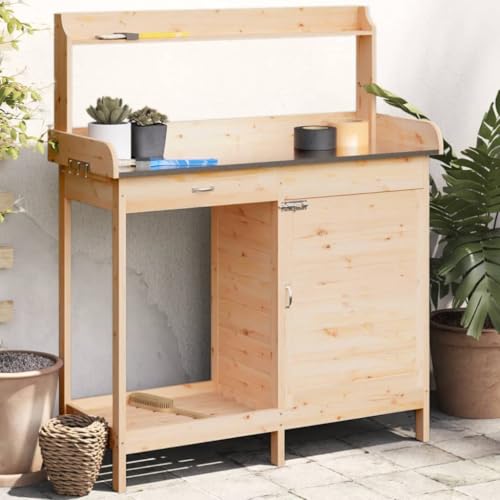 Homgoday Pflanztisch mit Schrank 110,5x45x124,5 cm Massivholz Tanne Gartentisch Gärtnertisch Holzpflanztisch Pflanzentisch Gartenarbeitstisch Pflanz-Arbeitstisch für Garten