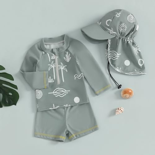 Traje de baño para bebé y niño de 3 piezas, antiUV, camiseta de manga larga + pantalón de baño + sombrero de sol, traje de baño piscina Nataiton Beach, Patrón verde, 12-18 meses