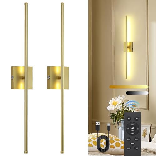 TPSHPTS Battery Operated Wall Sconces Set of 2, LED Rechargeable Wall Lights with Remote Control, 3 Colors Dimmable, 350° Rotate, Gold Wireless Wall Lamp for Living Room, Bedroom, 28.3 Inch