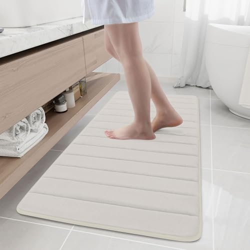 Image of Buganda Memory Foam Bath Mat, 55 inch x 24 inch, Ultra Soft and Non-Slip Bathroom Rugs, Water Absorbent and Machine Washable Bath Rug Runner for Bathroom, Shower, and Tub, Cream