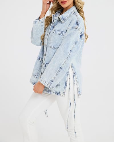 Kedera Women's Oversized Denim Jackets with Side Tie Western Boho Boyfriend Long Jean Coat Casual Denim Shacket Jackets3
