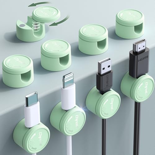 9 Pack Magnetic Cable Clips - Chfeila [Upgraded Twist-Lock] Cord Organizer, [360°Rotating Lid] Cable Management, Adhesive Wire Holder for Home Office Desk Desktop Nightstand Car Table Wall (Green)