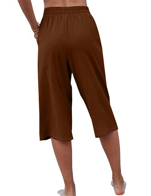 Womens Casual Capri Pants Elastic Waist Solid Color 3/4 Wide Leg Summer Trousers with Pockets4