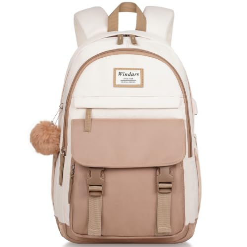 WINDARS School Backpack for Teen Girls Cute College Backpacks for Women Students Aesthetic Bookbag Large 15.6 Inch Laptop Bag Middle School Travel Back Pack (Khaki Beige)