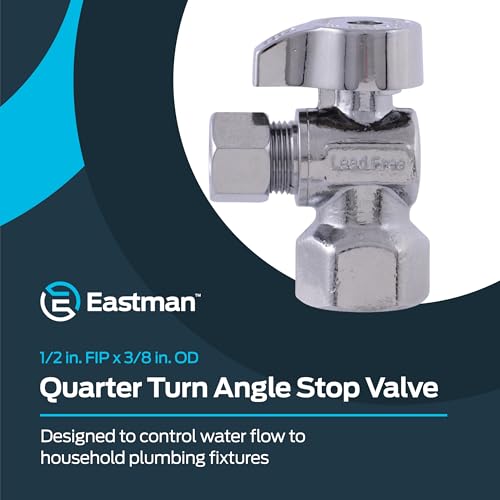 Image of Eastman 1 /2 Inch FIP x 3 /8 Inch OD Compression Quarter Turn Angle Stop Valve, Brass Plumbing Fitting, Chrome, 10733LF