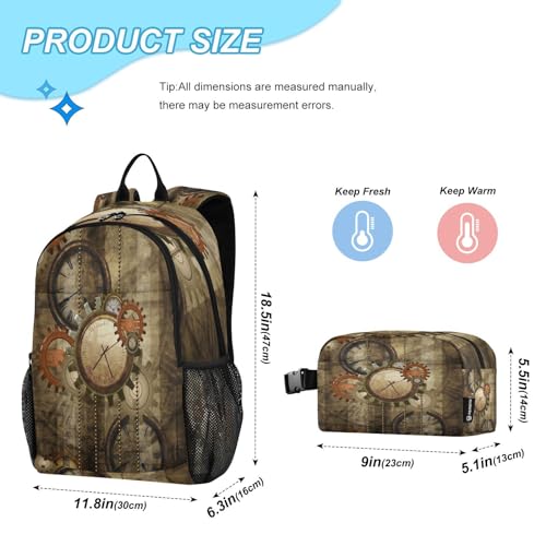 ALAZA Steampunk Clocks and Gears Vintage Kids Backpack Elementary Girls Boys Bookbag Rucksack Primary School Bag Backpack Set with Lunch Bag2