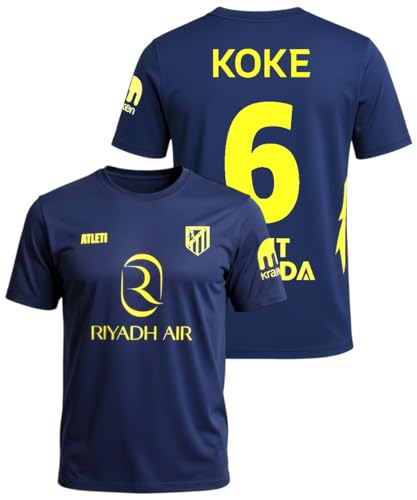 Atletico de Madrid - Camiseta Segunda Equipación 2025‑2026 | Réplica Oficial Koke 6 | Azul Marino y Amarillo | Corte Clásico | Tejido Transpirable (FR/ES, Letras, XXL, Regular, Regular)