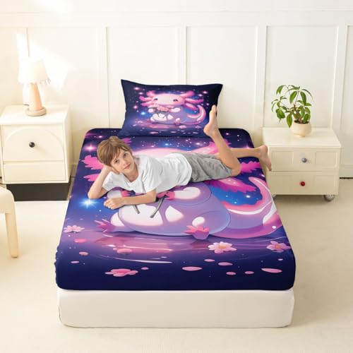 Image of jejeloiu Cute Axolotl Bed Sheets Set Twin Size Cartoon Pink Axolotl Bed Set Kawaii Salamander Sea Ocean Animal Deep Pocket Fitted Sheet Purple Dreamy Starry Breathable Soft Lightweight Microfiber