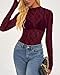 BTFBM Lace Tops for Women 2025 See Through Mesh Top Crew Neck Long Sleeve Fitted Sheer Party Club Outfits Fall Fashion(Burgundy, X-Large)