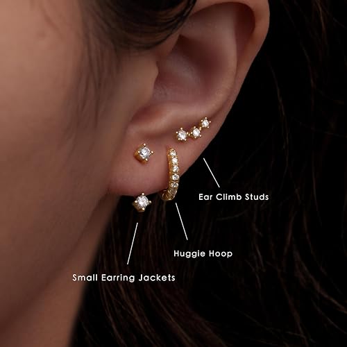 Gold Stud Earrings for Women Trendy, Small Huggie Hoop Cartilage Studs Jacket Stack for Multiple Piercing, Hypoallergenic Cute Fashion Accessories Jewelry Gifts Set