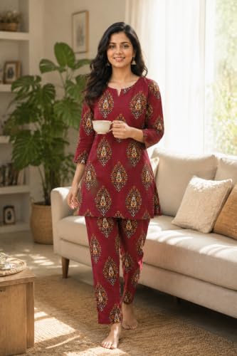 Image of Women's Cotton Night Suit Set, Printed Top and Pyjama, Casual Loungewear Sleepwear for Womens Girls